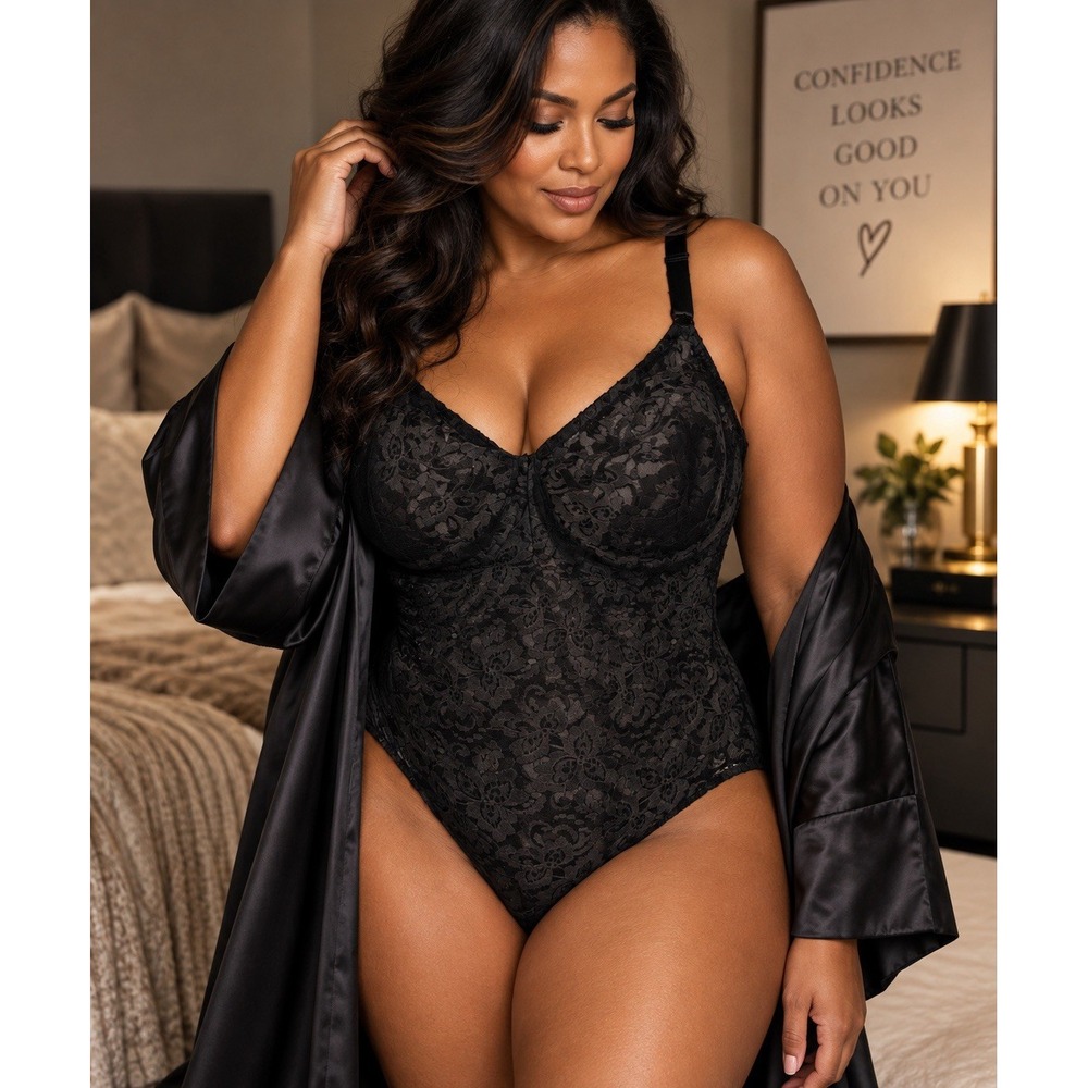 Bali Womens Black Lace Underwire Shapewear Bodysuit Body Briefer Lingerie